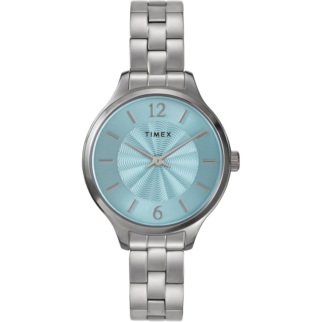 Zegarek damski marki Timex z okrągłą kopertą i bransoletką ze stali w kolorystyce srebrnej