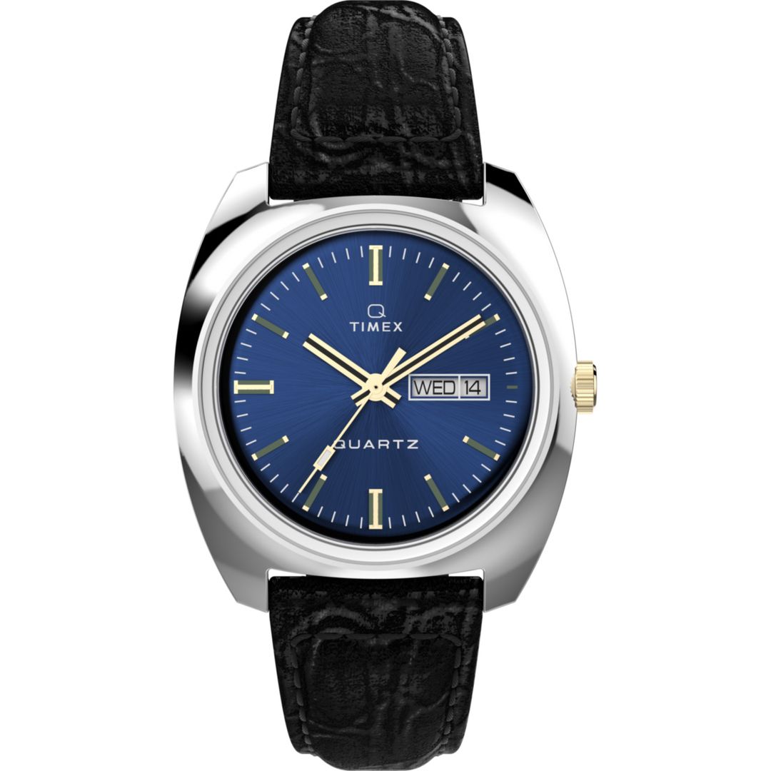 Zegarek Timex z granatową tarczą w srebrnej kopercie na czarnym pasku z imitacją skóry krokodyla