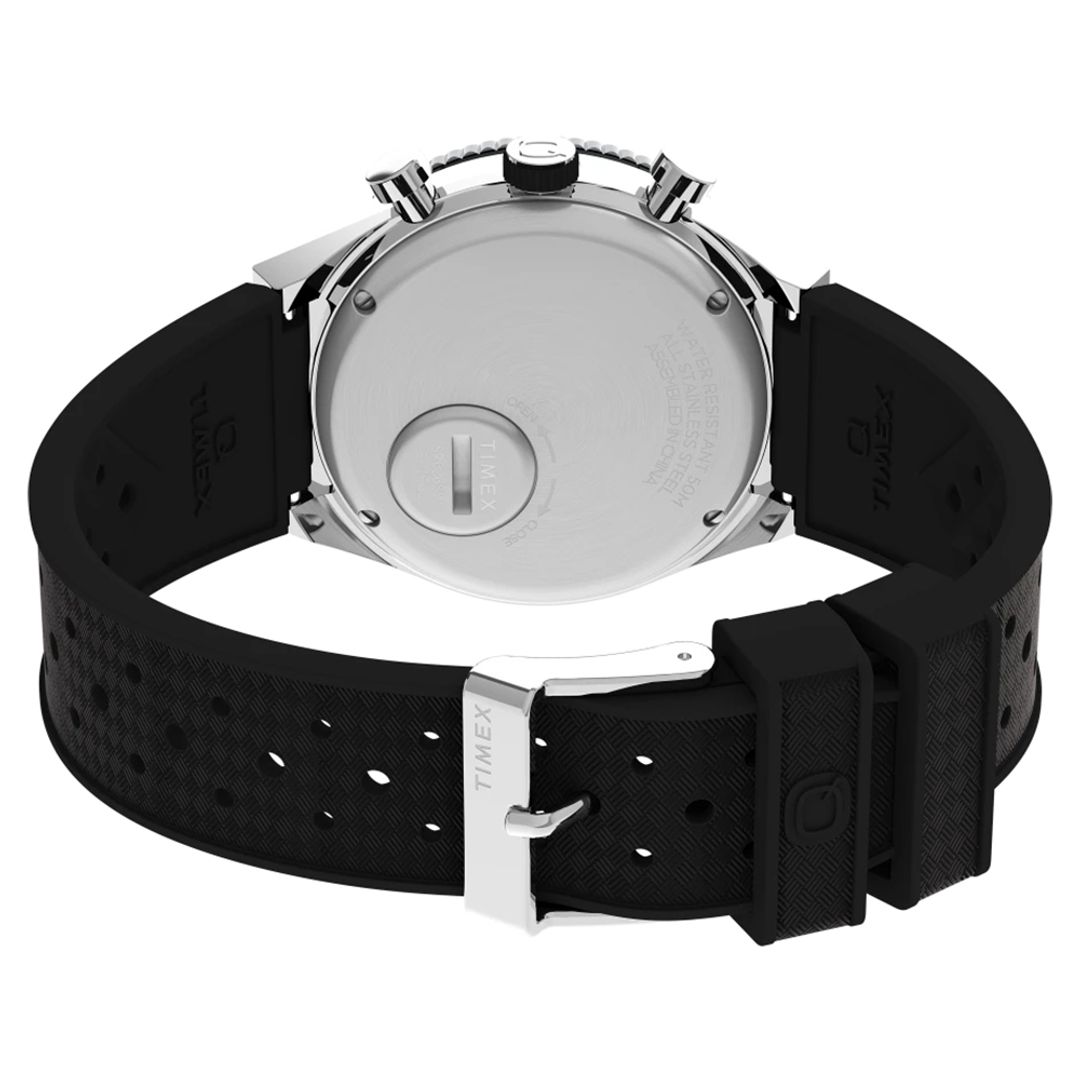 Zegarek męski Timex z zaokrągloną kopertą na czarnym, kauczukowym pasku z zapięciem na sprzączkę