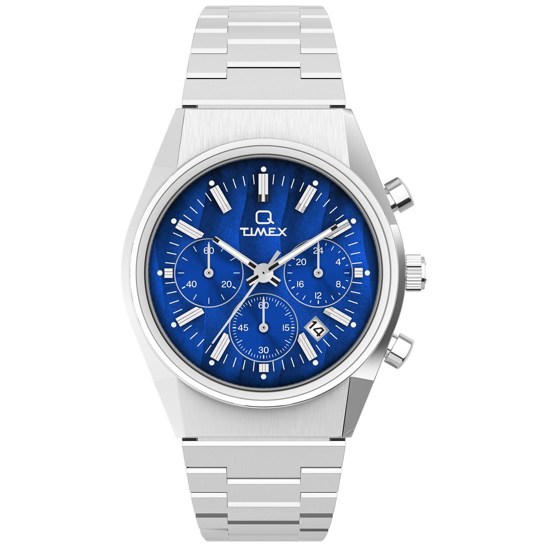 Zegarek męski Timex z niebieską tarczą z niebieskimi subtarczami oraz datownikiem i srebrnymi indekami