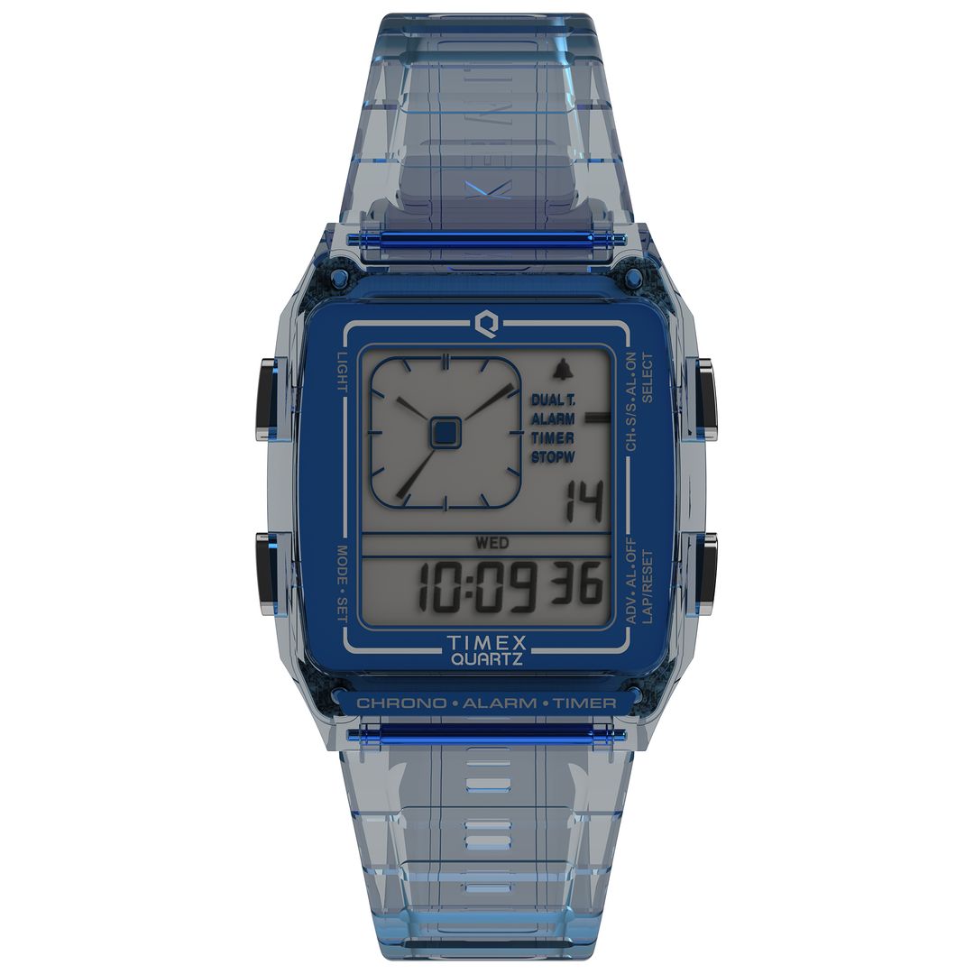 Zegarek męski Timex z cyfrową tarczą w niebieskiej kopercie o prostokątnym kształcie 