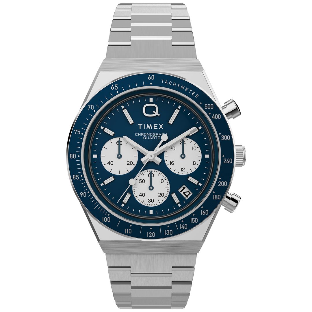 Zegarek Timex z granatową tarczą w srebrnej, masywnej kopercie na srebrnej, masywnej bransolecie w srebrnym kolorze