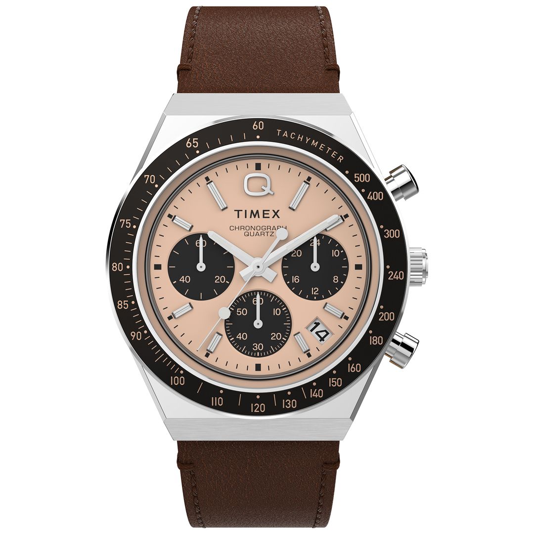Zegarek męski Timex z kremową tarczą, czarnymi subtarczami chronografu oraz datownikiem w srebrnej kopercie