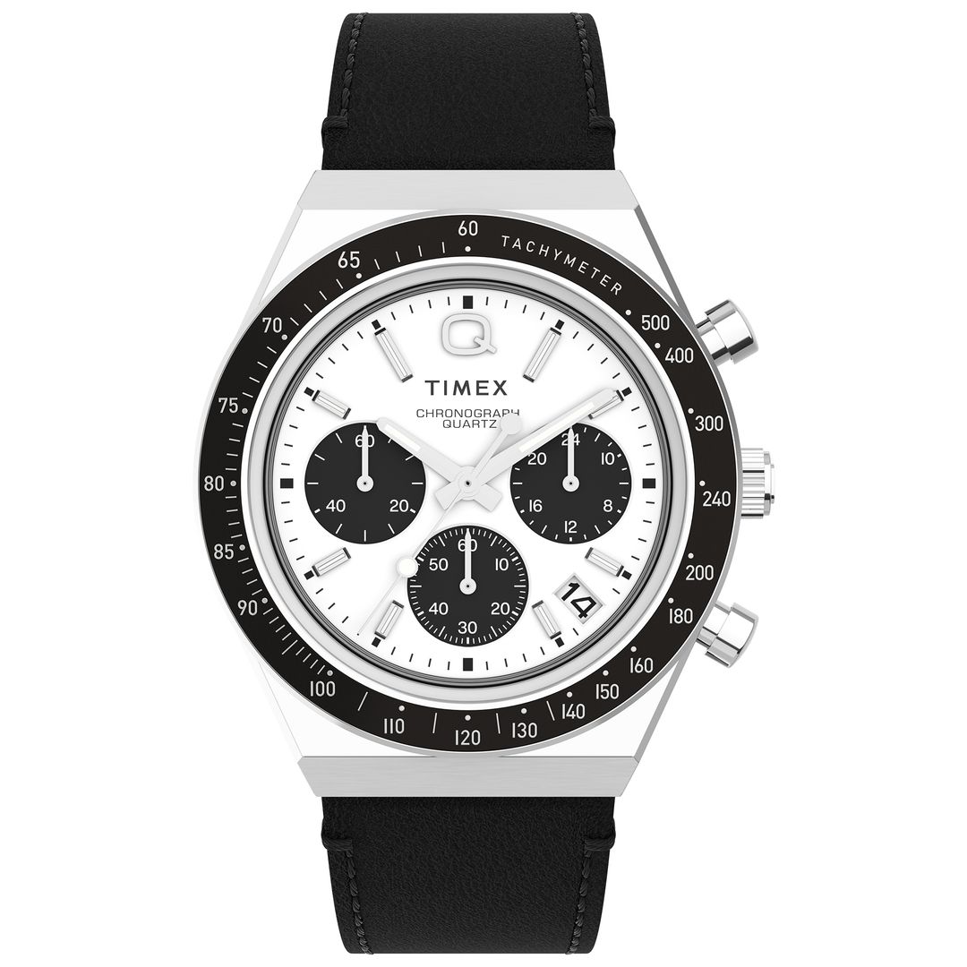 Zegarek Timex z białą tarczą z czarnymi subtarczami, datownikiem oraz srebrnymi indeksami i wskazówkami
