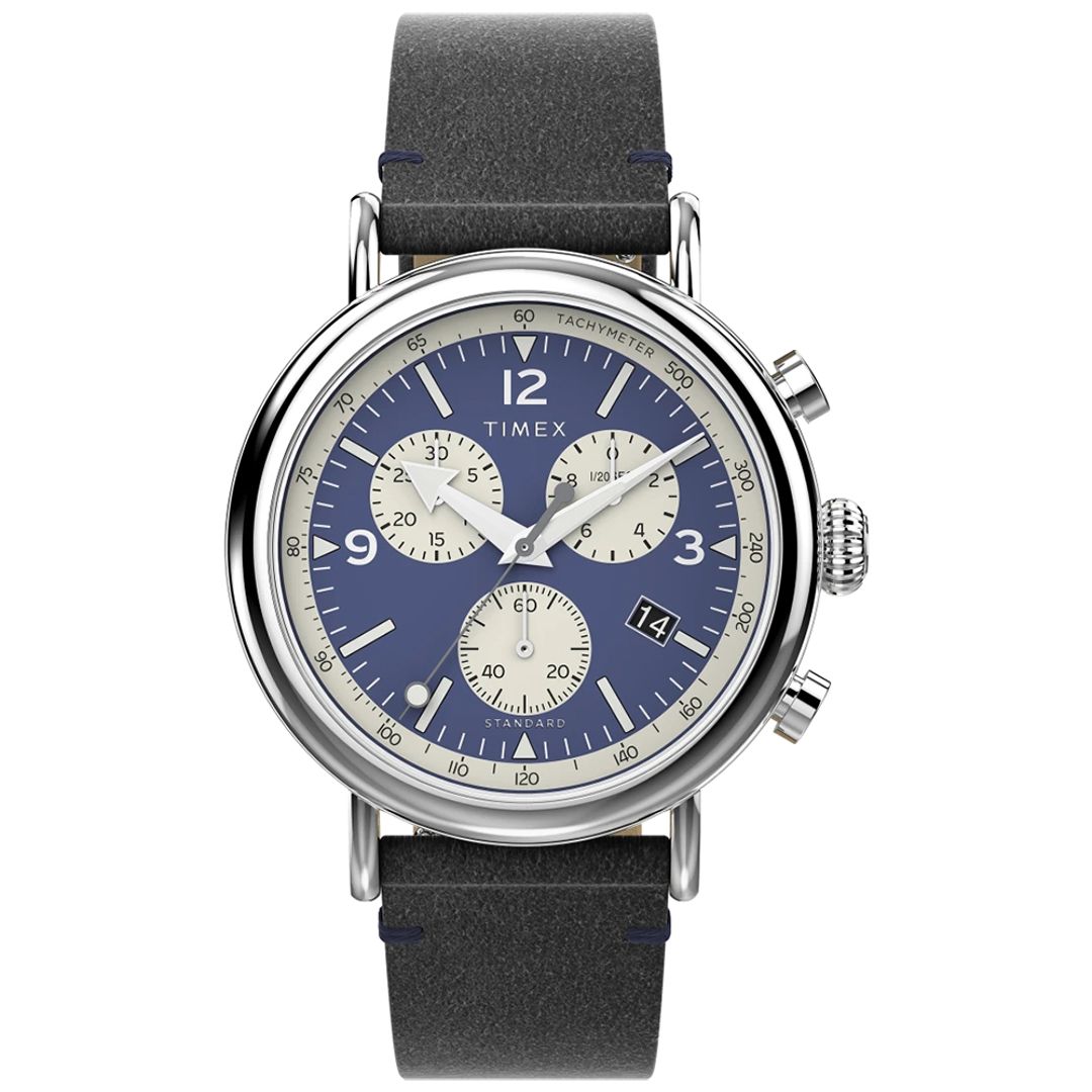 Zegarek Timex z okrągłą kopertą i niebiesko-kremową tarczą z subtarczami chronografu i datownikiem
