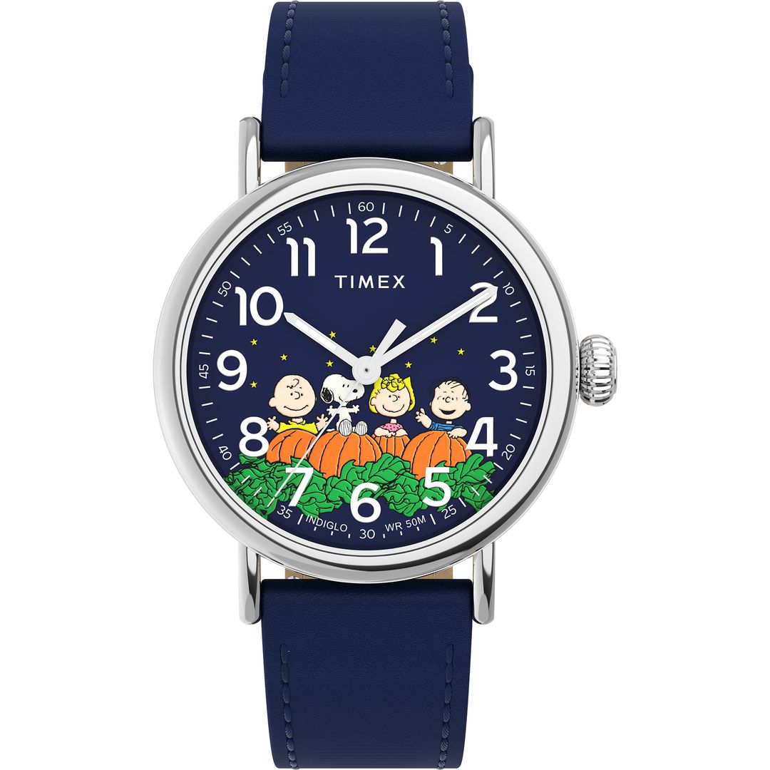 Zegarek Timex w granatowej kolorystyce ze stalową, okrągłą kopertą oraz skórzanym paskiem