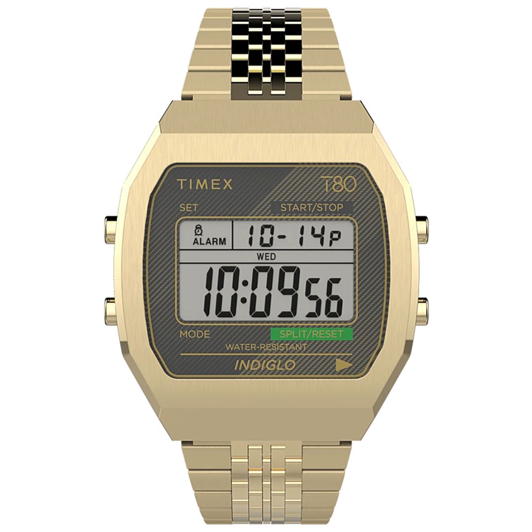 Zegarek damski Timex z masywną, ośmiokątną kopertą z cyfrową tarczą na stalowej bransolecie w złotym kolorze
