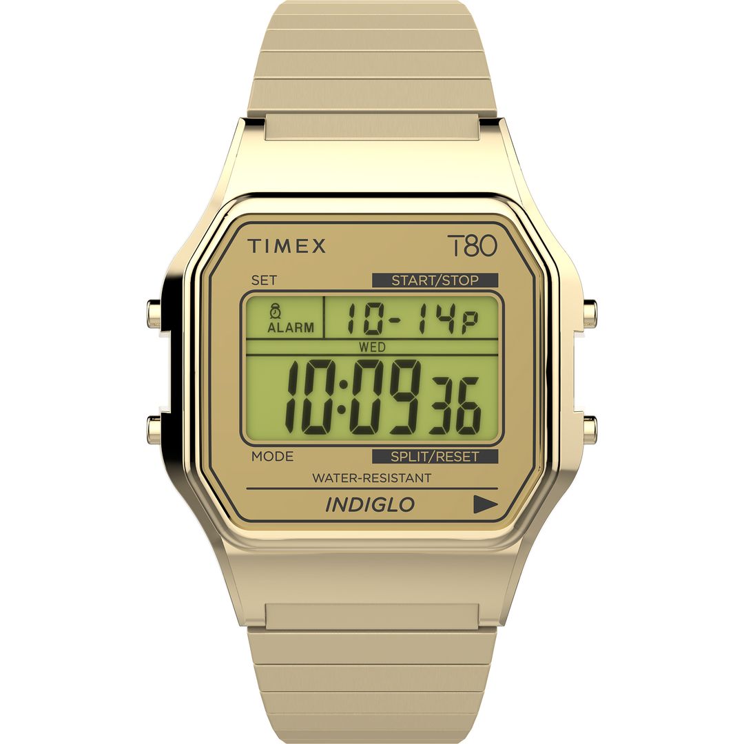 Zegarek Timex w złotej kolorystyce ze stalową kopertą na stalowej bransolecie oraz z cyfrową tarczą