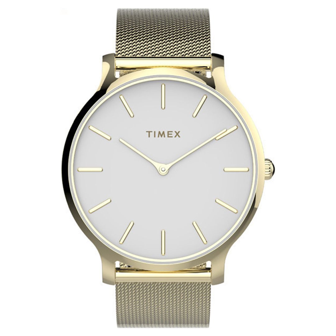 Zegarek marki Timex z okrągłą tarczą i bransoletką typu mesh z zapięciem typu G-link