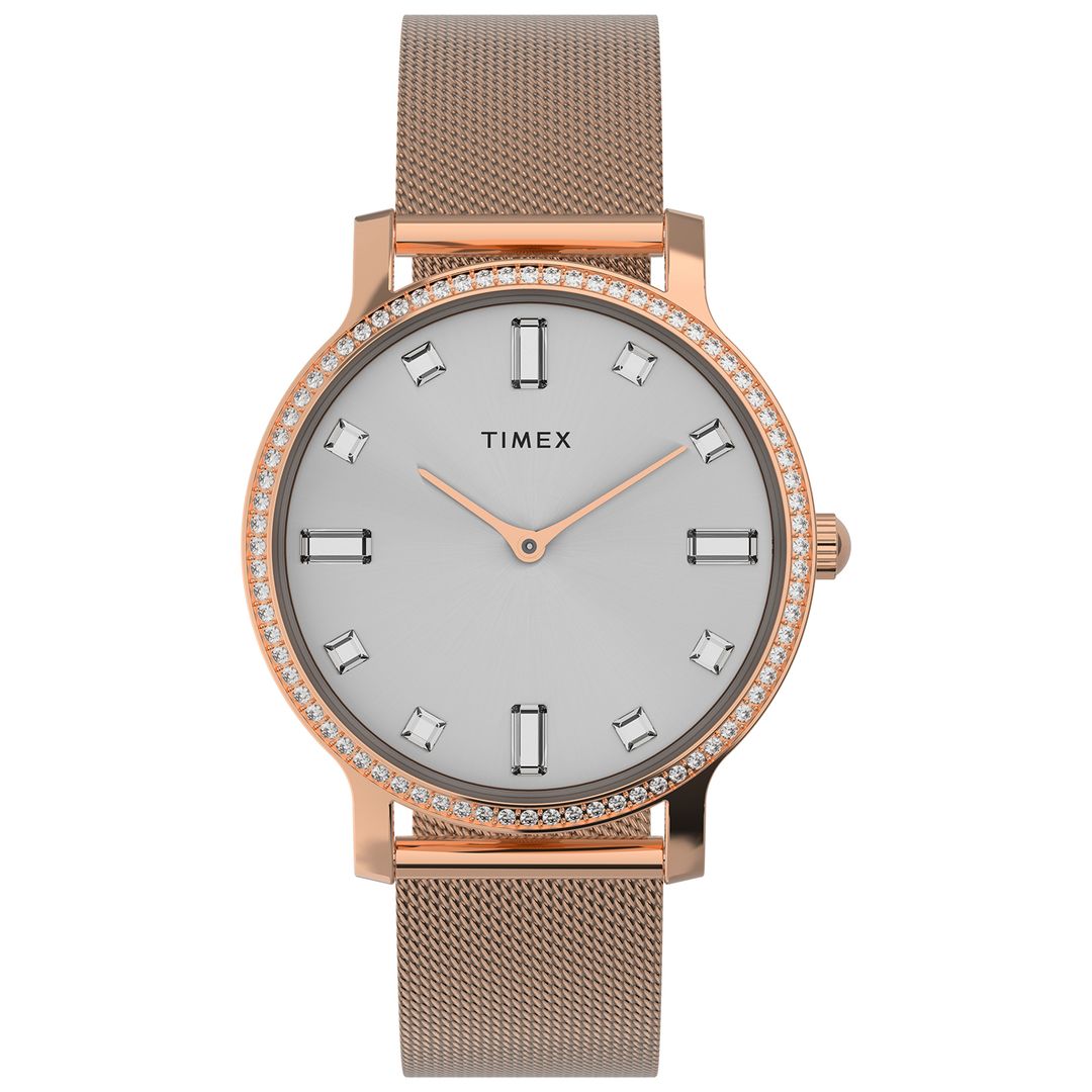 Zegarek Timex z okrągłą kopertą z kryształkami na bransoletce typu mesh w kolorze różowego złota