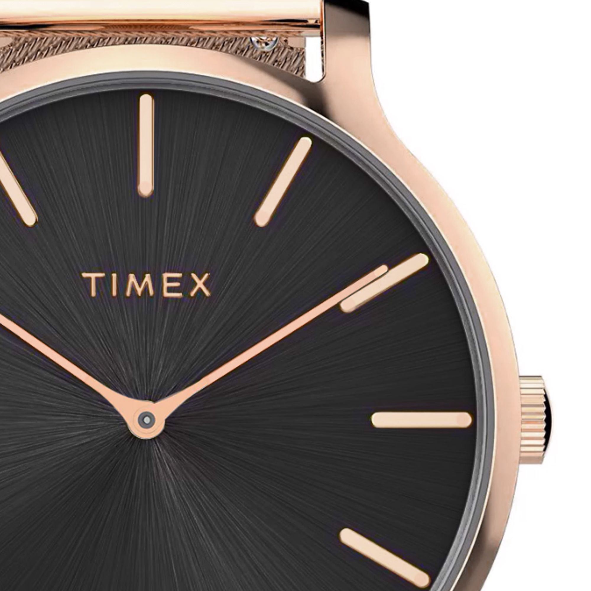 Zegarek damski Timex z tarczą ze szlifem słoneczym oraz indeksami i wskazówkami w kolorze różowego złota