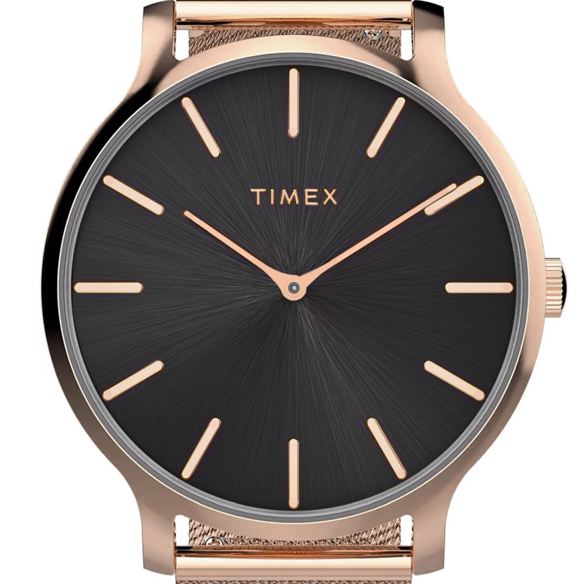 Zegarek damski Timex z czarną tarczą ze szlifem słonecznym w stalowej, okrągłej kopercie w kolorze różowego złota