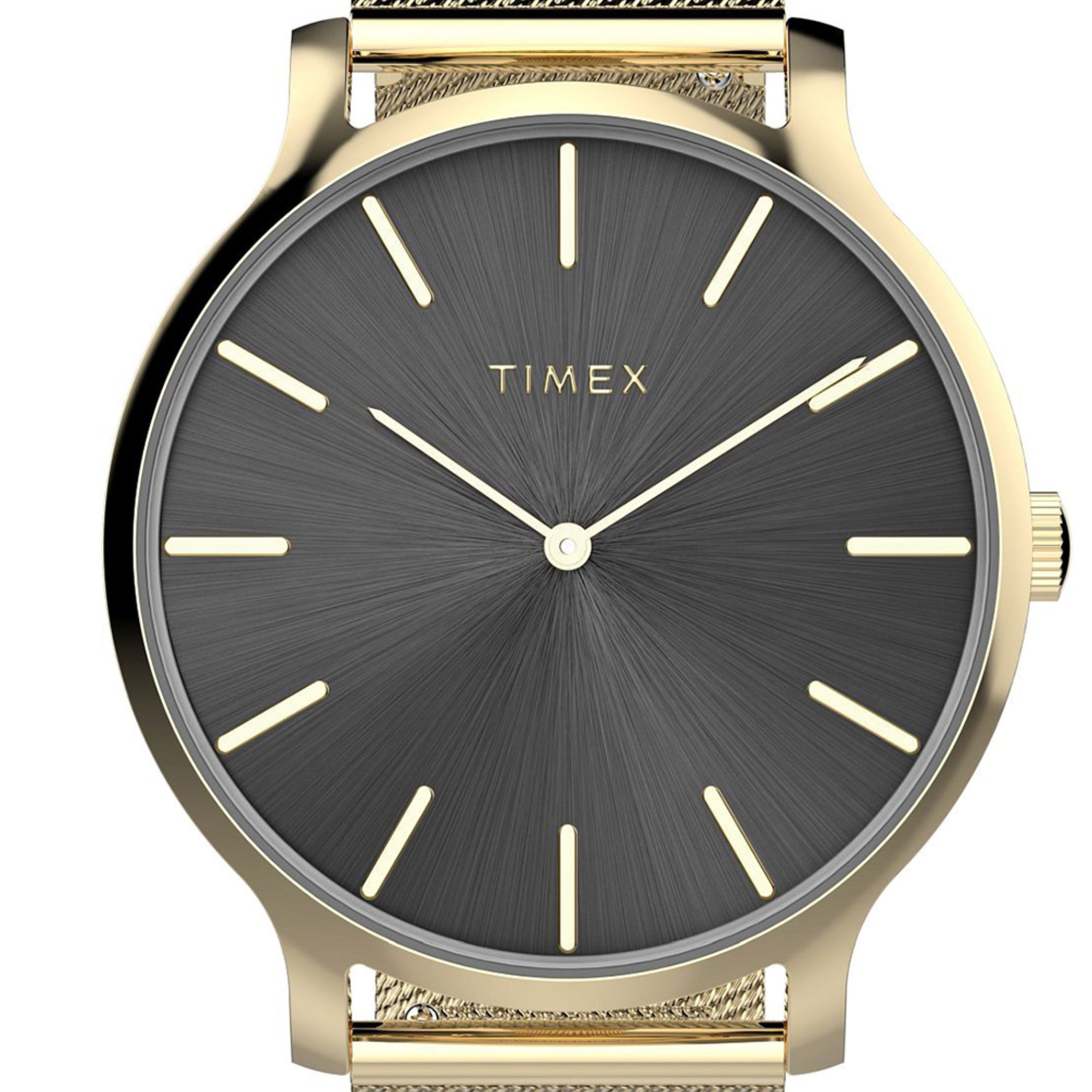 Zegarek damski Timex z czarną tarczą ze szlifem słonecznym oraz wskazówkami i indeksami w złotym kolorze
