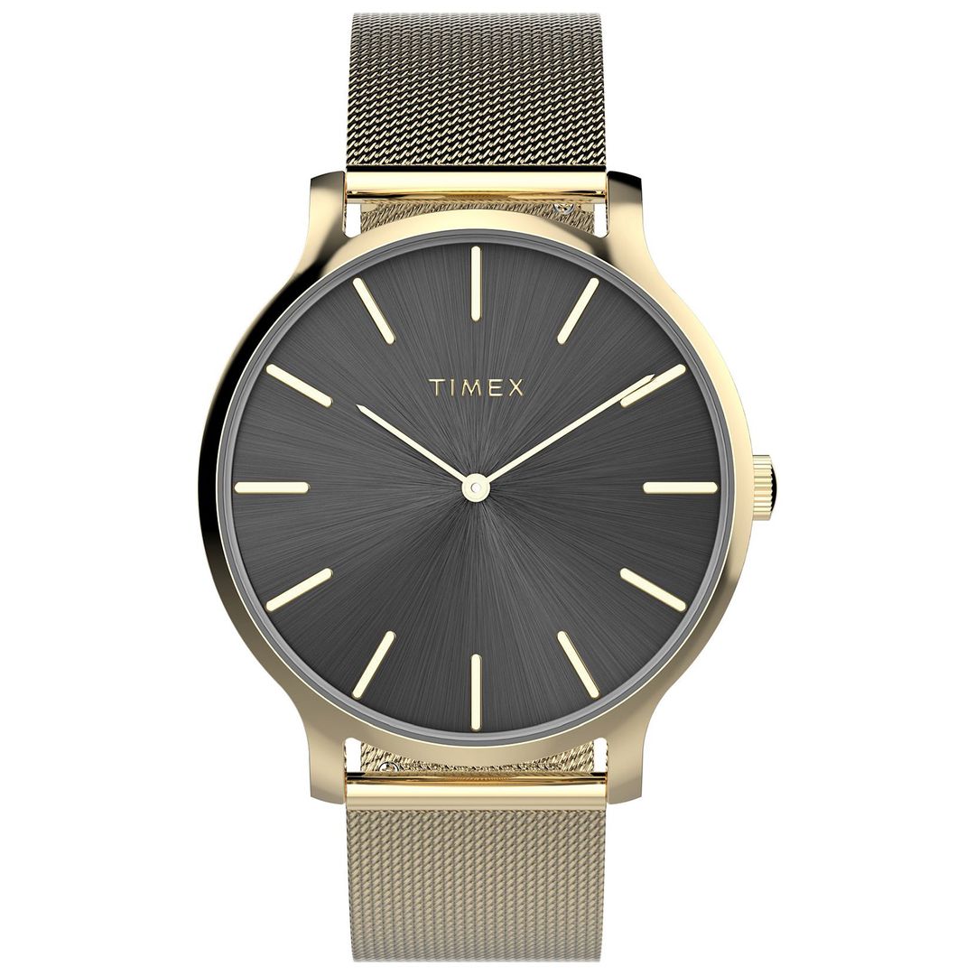 Zegarek damski Timex z czarną tarczą w okrągłej kopercie na stalowej bransoletce w złotym kolorze typu mesh