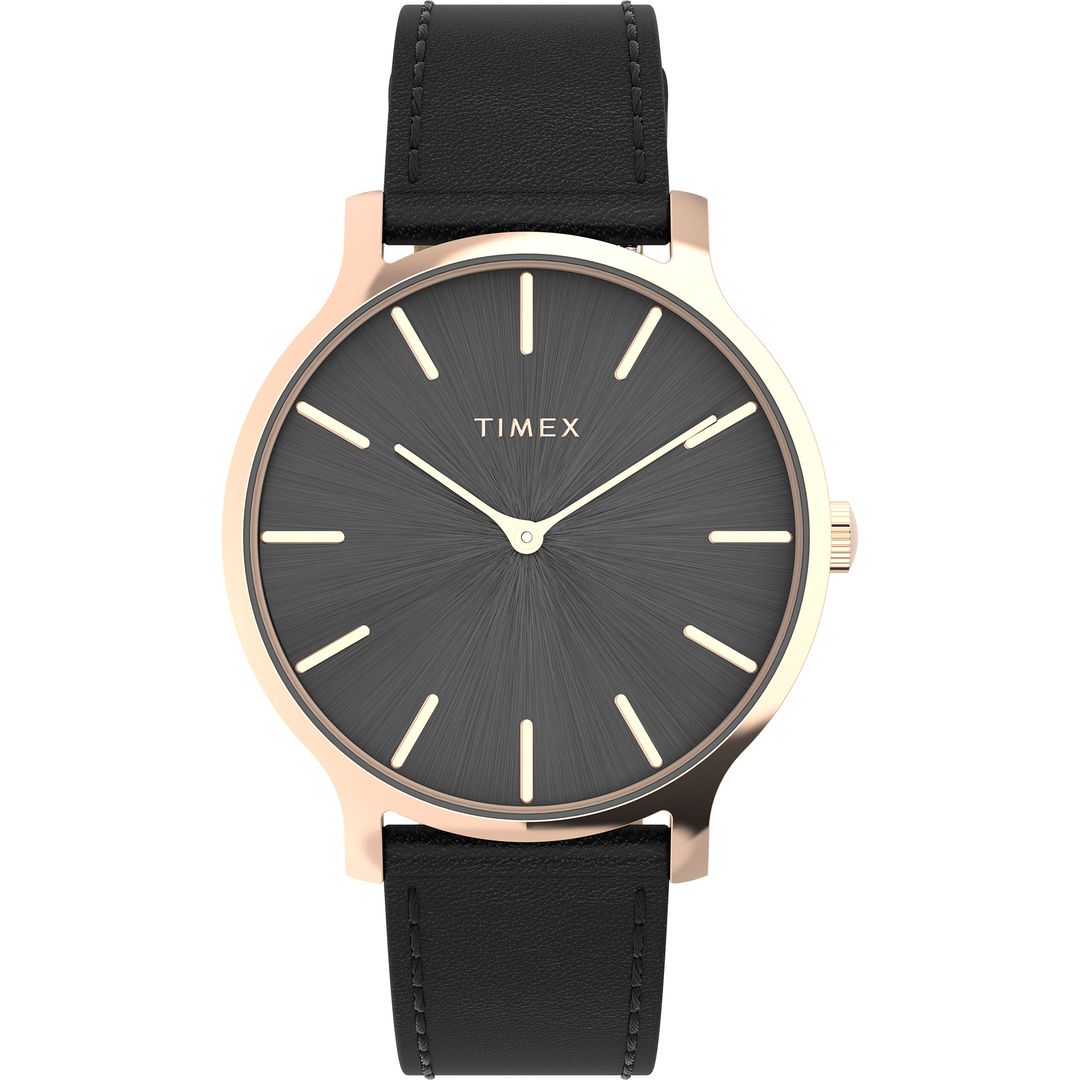 Zegarek damski Timex z okrągłą kopertą w kolorze różowego złota oraz czarną tarczą ze szlifem słonecznym