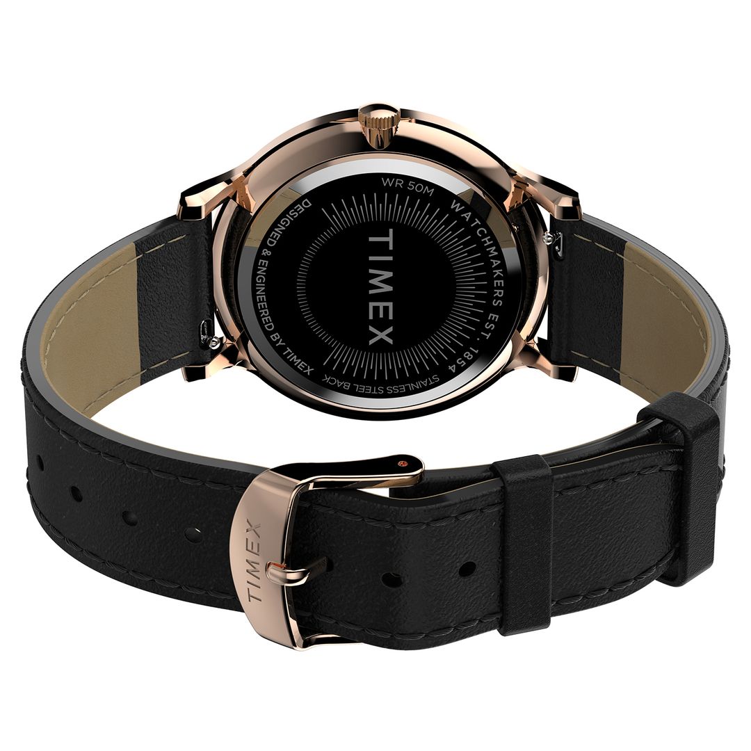 Zegarek damski Timex z okrągłą, stalową kopertą na czarnym pasku ze skóry z zapięciem na sprzączkę