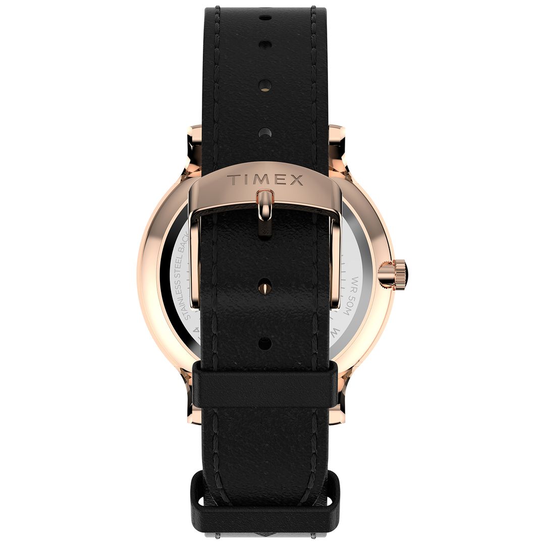 Zegarek damski timex na czarnym, skórzanym pasku zapinanym na sprzączkę