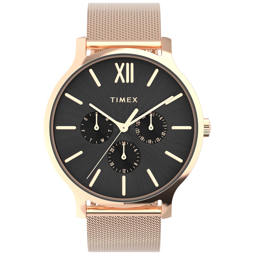 Zegarek damski Timex z czarną tarczą ze szlifem słonecznym oraz indeksami i wskazówkami w kolorze różowego złota