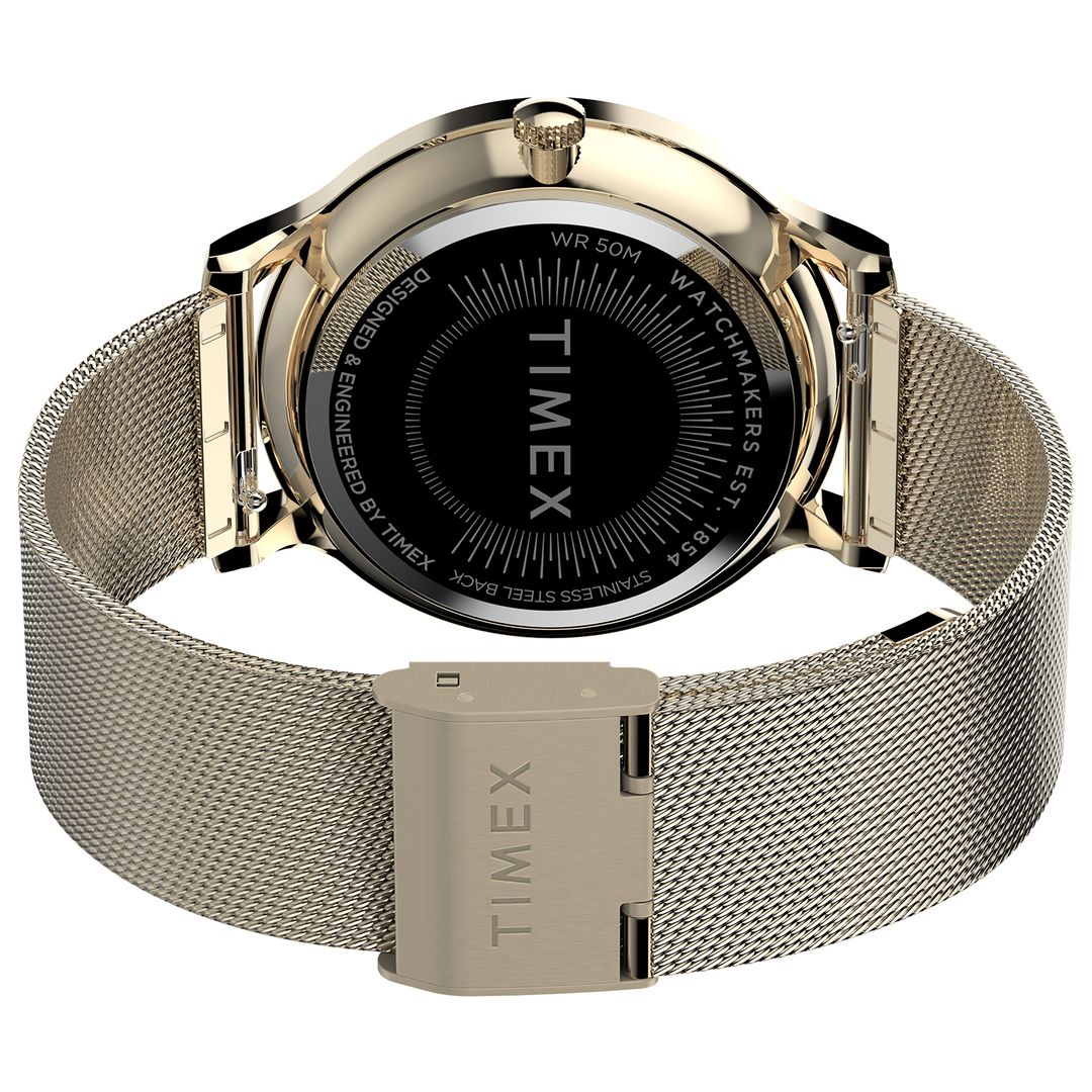 Zegarek Timex na złotej bransolecie ze stali typu mesh z zapięciem G-Link