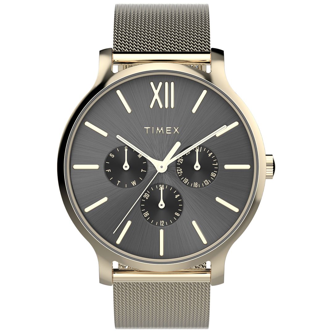 Zegarek Timex z czarną tarczą oraz subtarczami chronografu, złotymi indeksami i wskazówkami