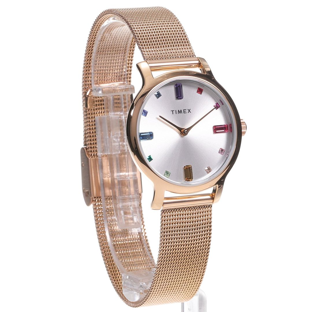 Zegarek Timex z kolorowymi kryształkami na tarczy, okrągłą kopertą i bransoletką typu mesh