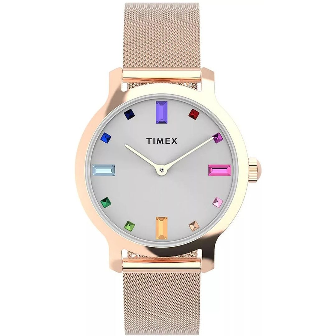 Zegarek damski Timex z tarczą w odcieniu jasnego srebra oraz kolorowymi kryształkami na indeksach