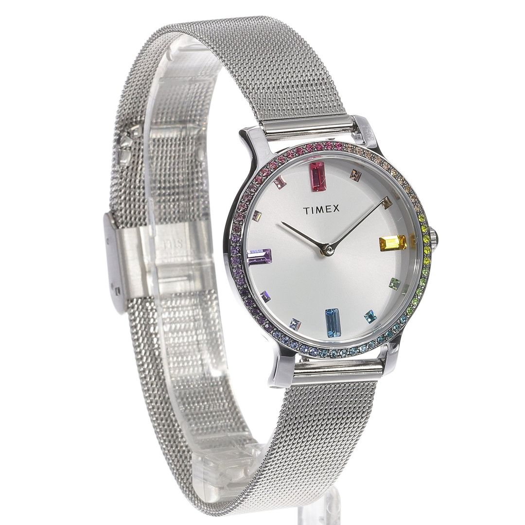 Zegarek damski Timex z okrągłą kopertą z kolorowymi kryształkami wokół tarczy oraz na indeksach tarczy 