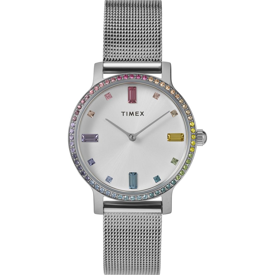 Zegarek damski Timex z okrągła, stalową kopertą na stalowej bransoletce typu mesh