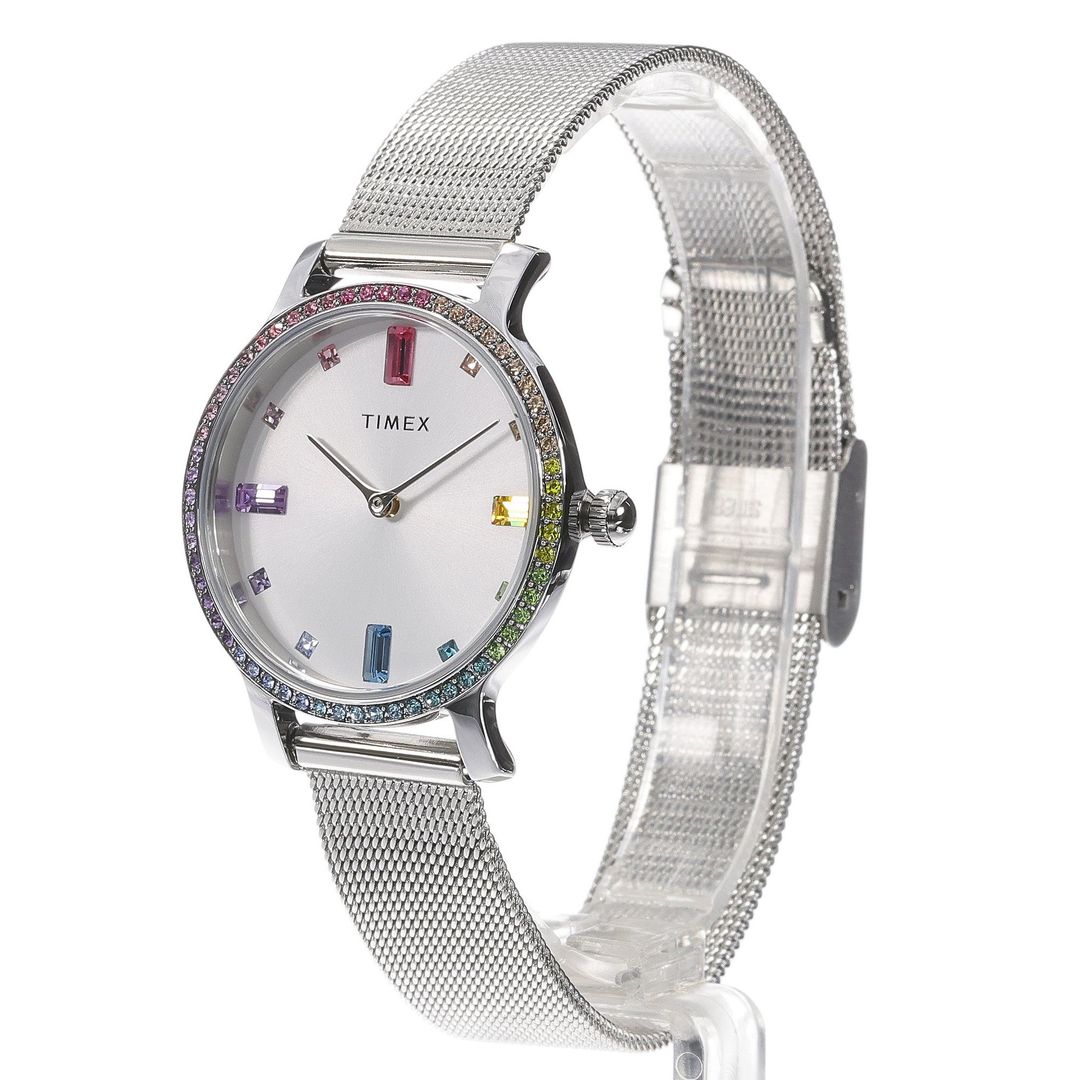 Zegarek damski Timex w srebrnej kolorystyce z tarczą i kopertą z kolorowymi kryształkami