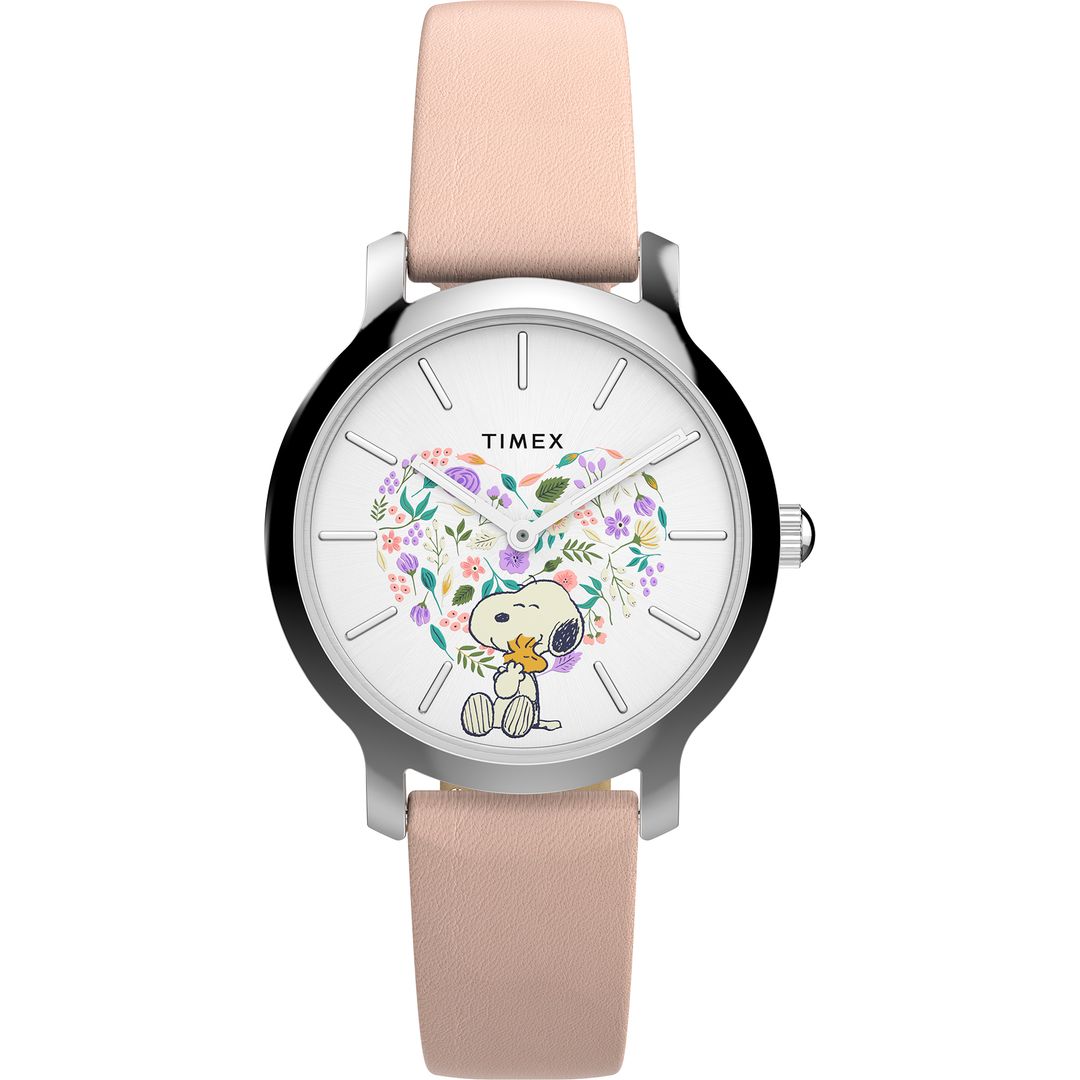 Zegarek Timex z białą tarczą z rysunkiem Snoopy'ego w okrągłej, stalowej kopercie na różowym, skórzanym pasku