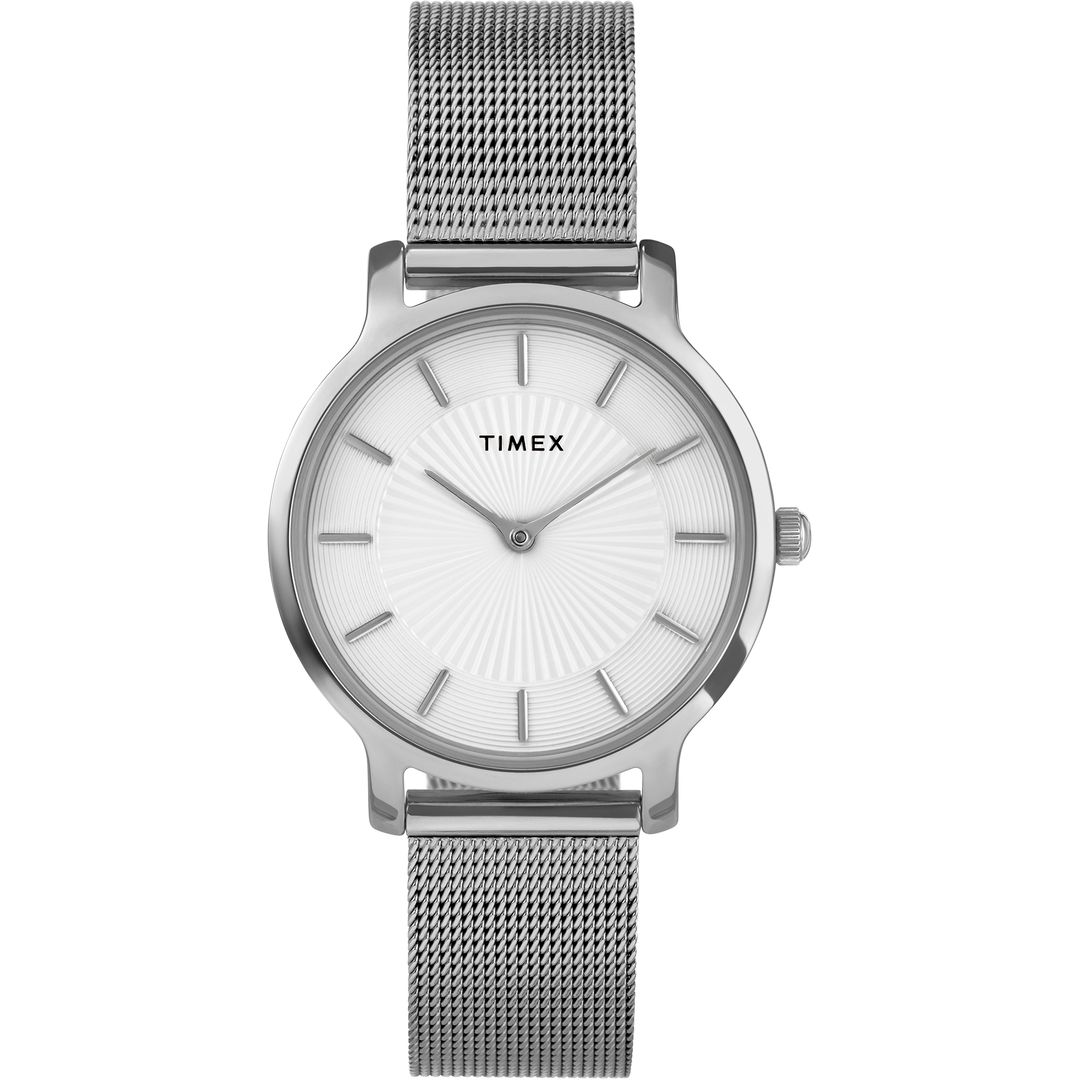 Klasyczny zegarek damski Timex z białą tarczą oraz srebrną kolorystyką koperty i bransoletki