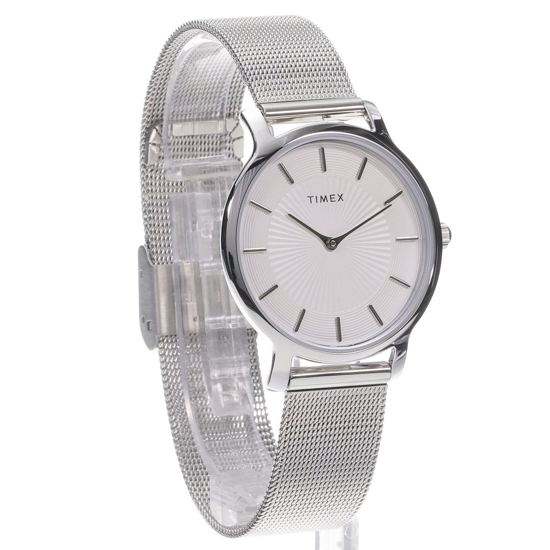 Zegarek damski Timex z białą tarczą z indeksami i wskazówkami w srebrnym kolorze
