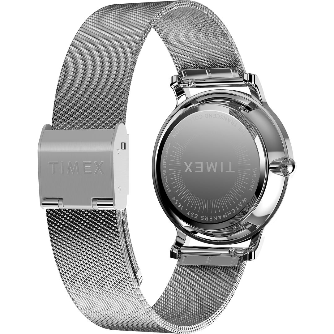 Zegarek damski Timex z okrągłą kopertą na stalowej bransoletce typu mesh z zapięciem G-link