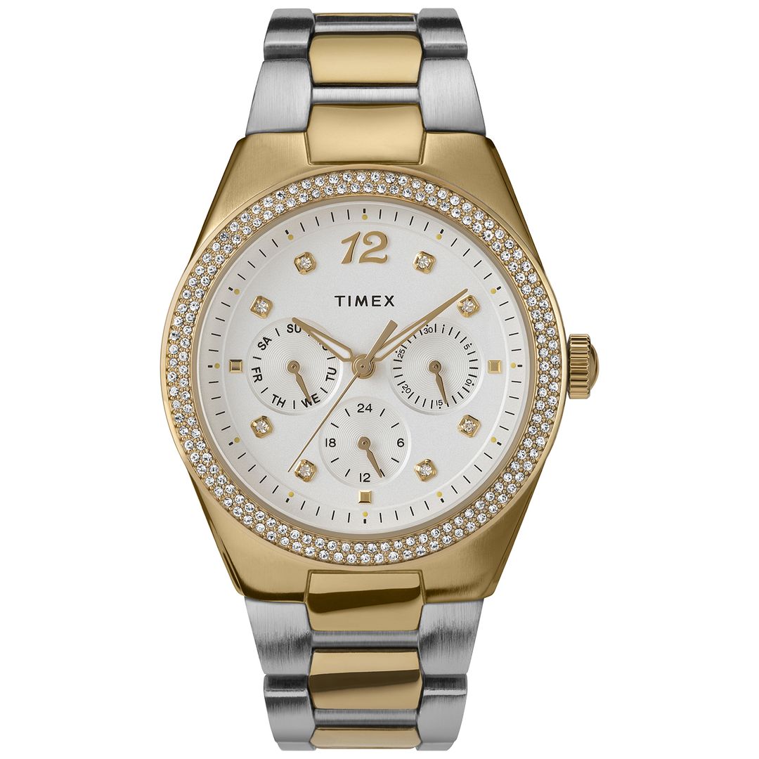 Zegarek damski Timex z jasną tarczą z subtarczami i kryształkami oraz wskazówkami w złotym kolorze