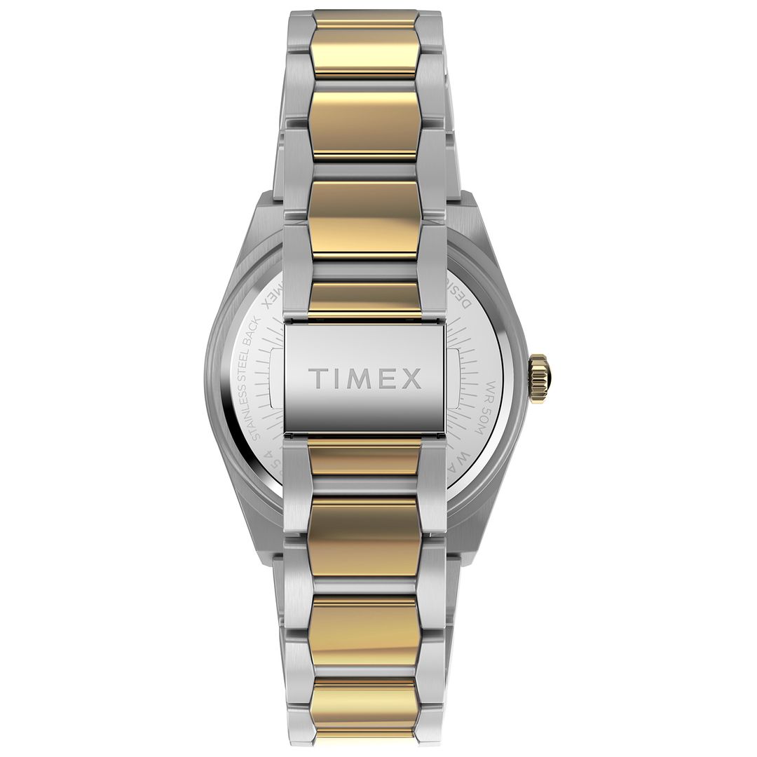 Damski zegarek Timex z dwukolorową, stalową bransoletą z zapięciem na zatrzask z zabezpieczeniem