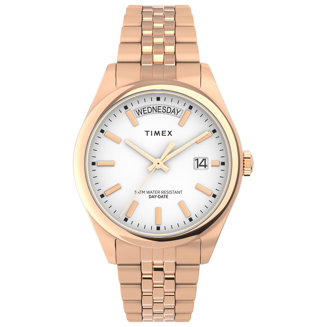 Zegarek damski Timex z białą tarczą w zaokrąglonej kopercie na stalowym pasku w kolorze różowego złota