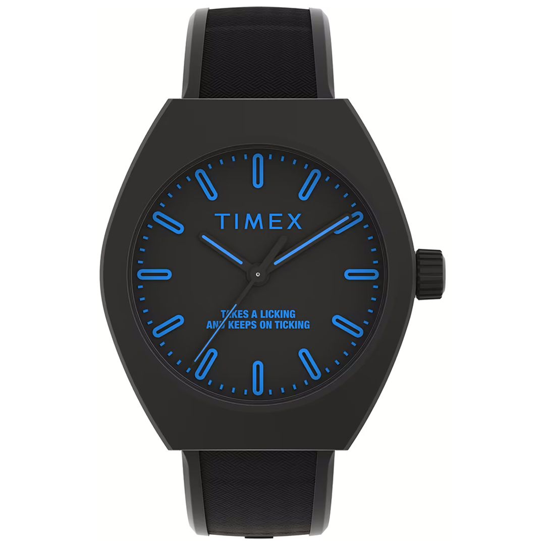 Zegarek męski Timex z czarną tarczą z niebieskimi indeksami, wskazówkami, logo i hasłem marki 