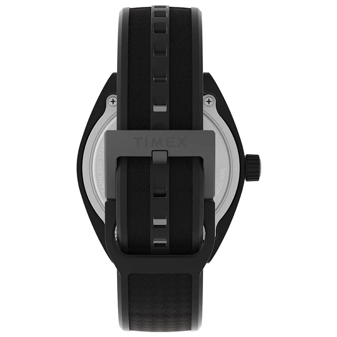 Zegarek marki Timex z czarną kopertą na czarnym pasku zapinanym na sprzączkę