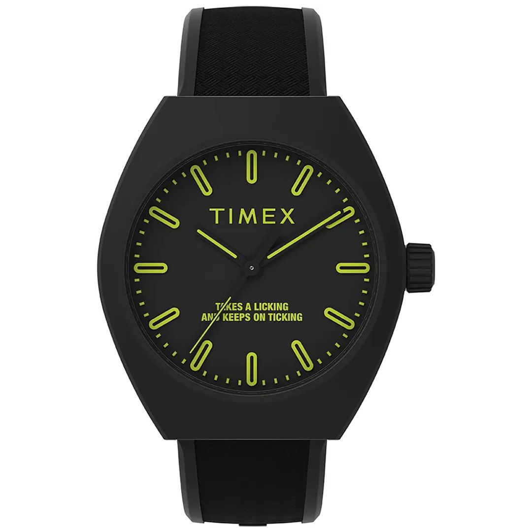 Zegarek męski Timex w czarnej kolorystyce z neonowo żółtymi indeksami i wskazówkami
