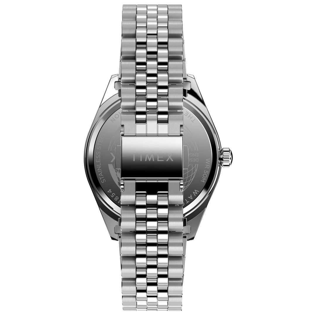 Zegarek Timex na stalowej bransoletce w srebrnym kolorze z zapięciem na zatrzask z zabezpieczeniem 