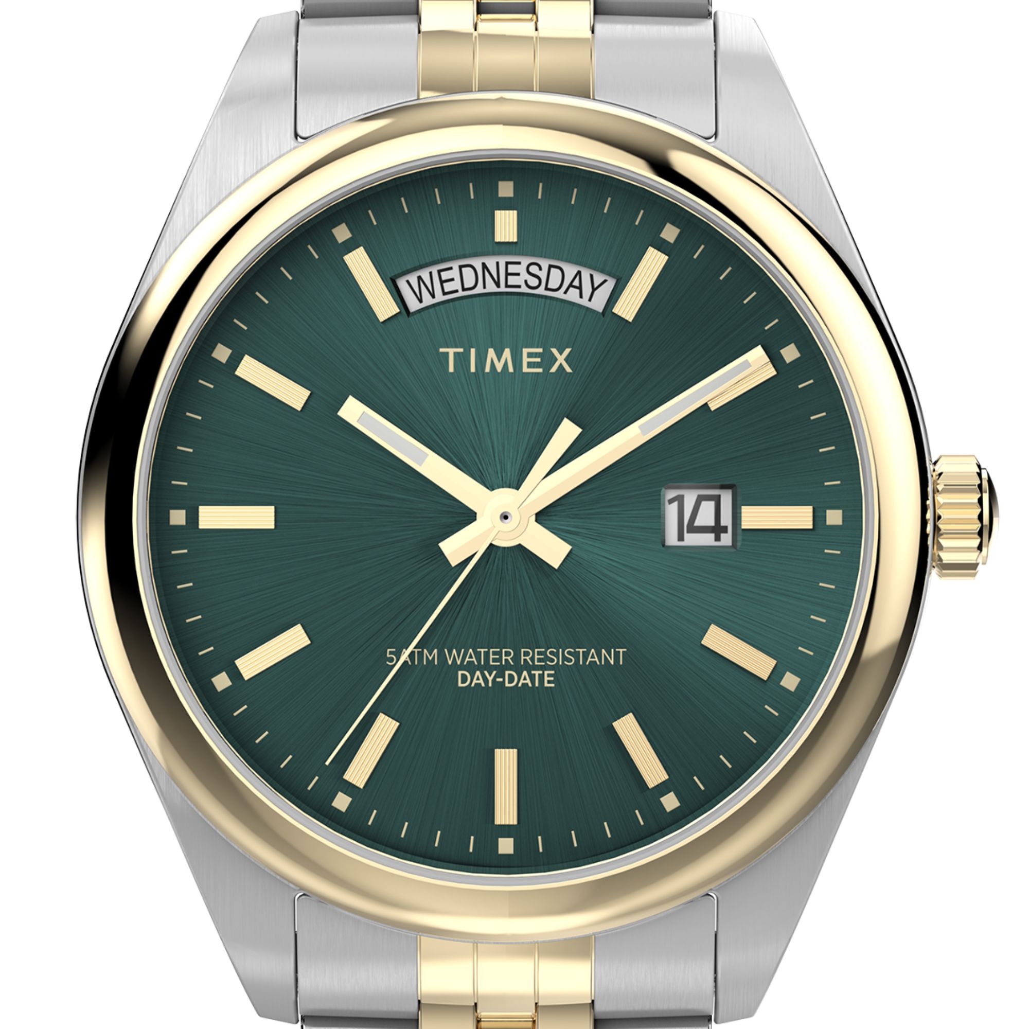 Zegarek męski Timex z tarczą w odcieniu zieleni ze szlifem słonecznym oraz złotymi wskazówkami i indeksami
