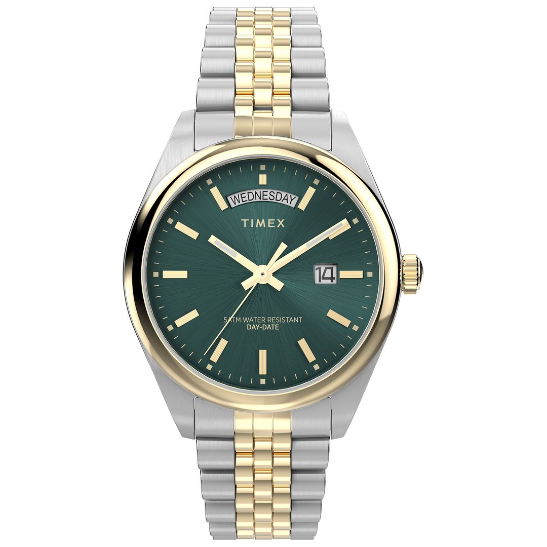 Zegarek Timex z zaokrągloną kopertą w odcieniu złota i srebra oraz zieloną tarczą z datownikiem i szlifem słonecznym