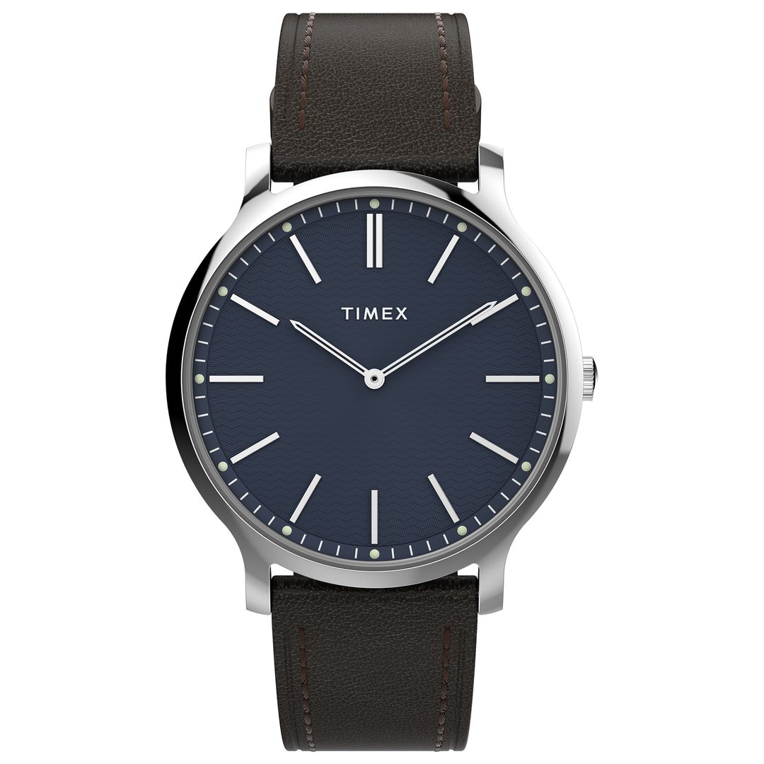 Zegarek męski Timex z okrągłą, stalową kopertą oraz granatową tarczą ze srebrnymi indeksami i wskazówkami