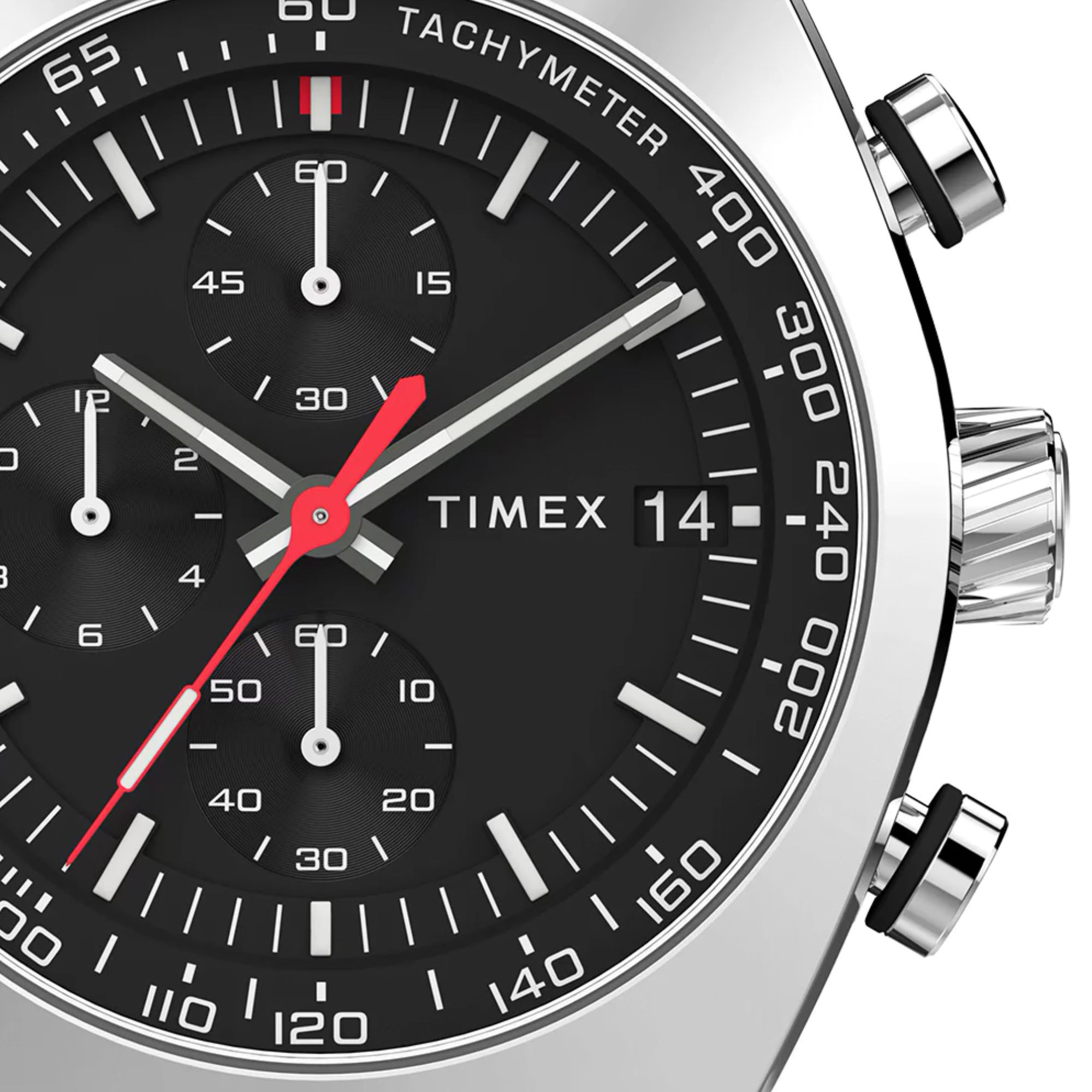 Zegarek męski Timex z czarną tarczą, subtarczami chronografu oraz czerwoną wskazówką sekundnika