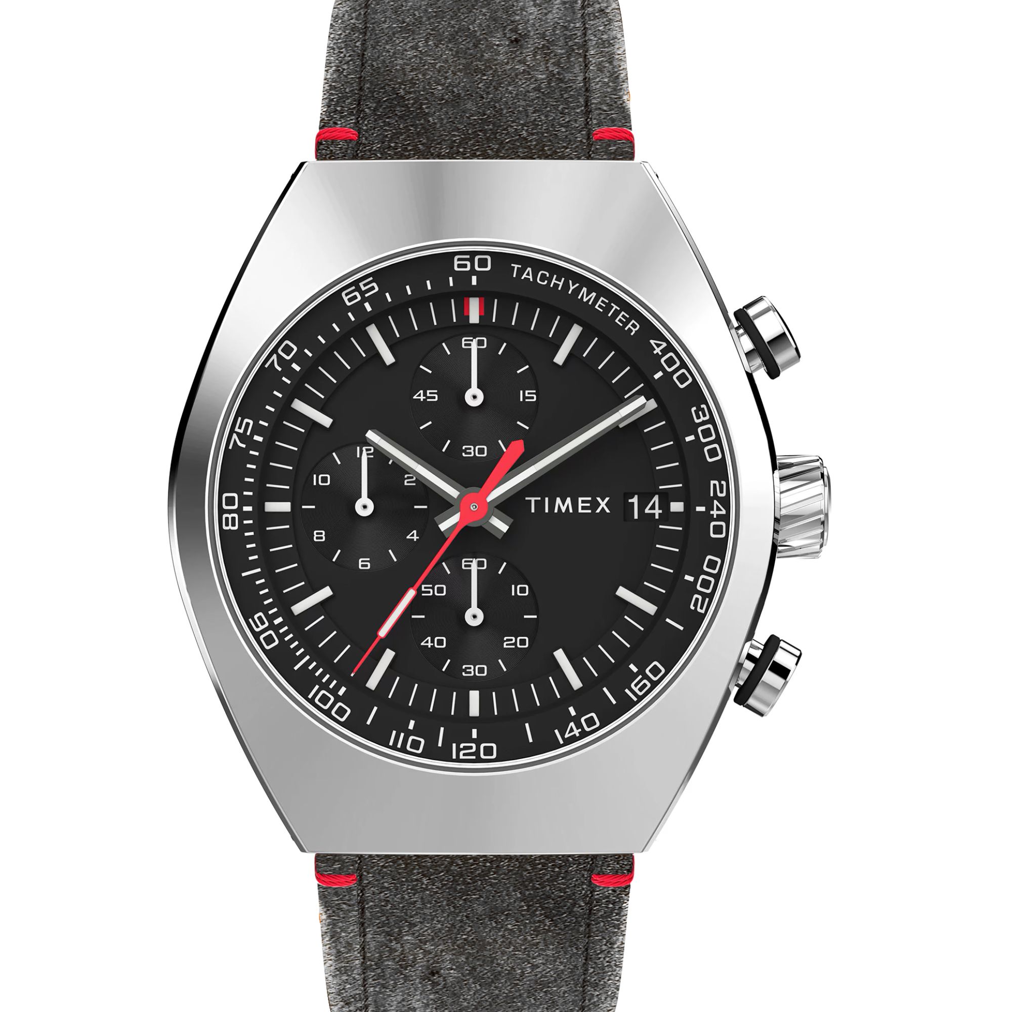 Zegarek męski Timex z beczułkowatą, stalową kopertą oraz czarną tarczą z białymi indeksami, na skórzanym pasku