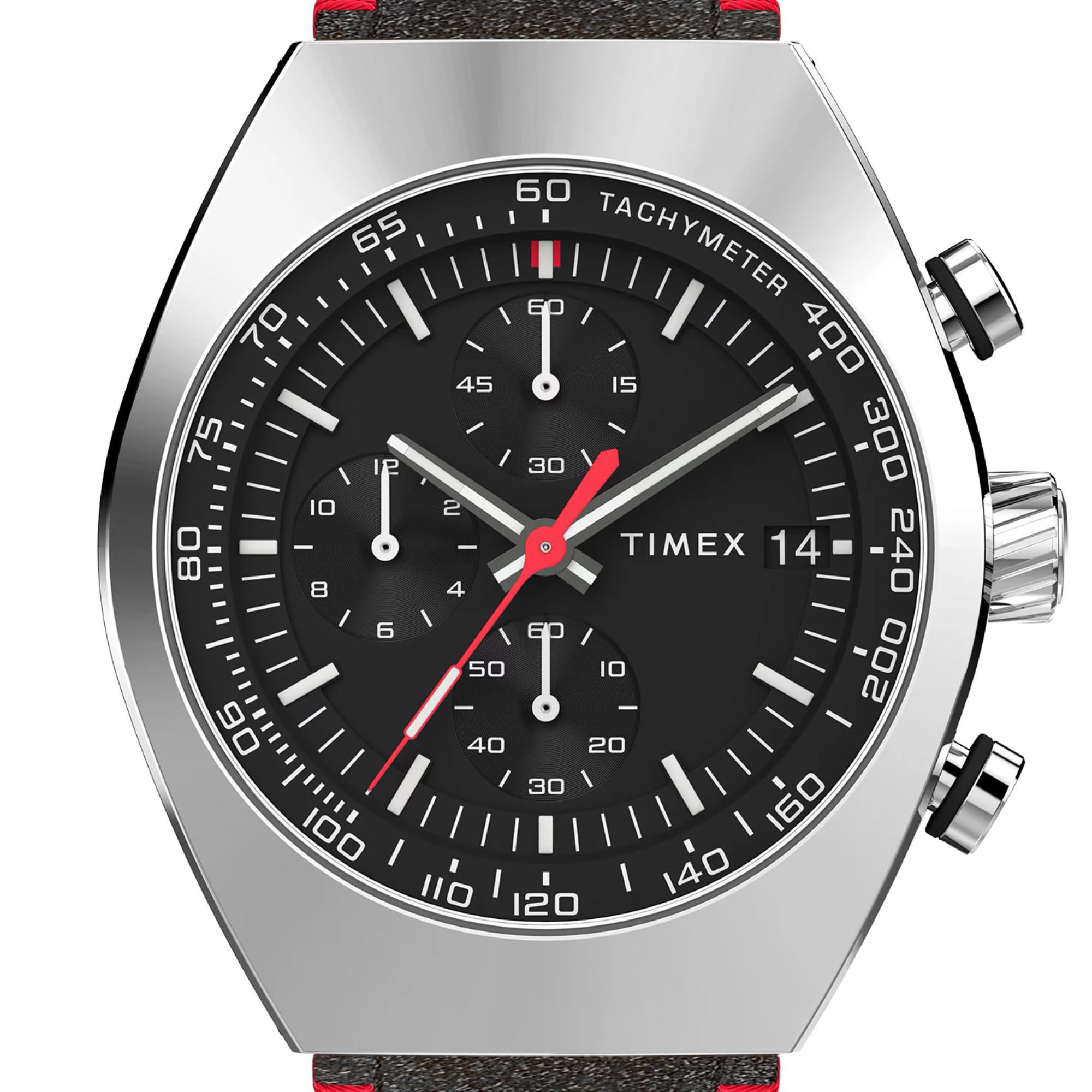 Zegarek męski Timex z czarną tarczą z subtarczami chronografu i datownikiem oraz tachometrem