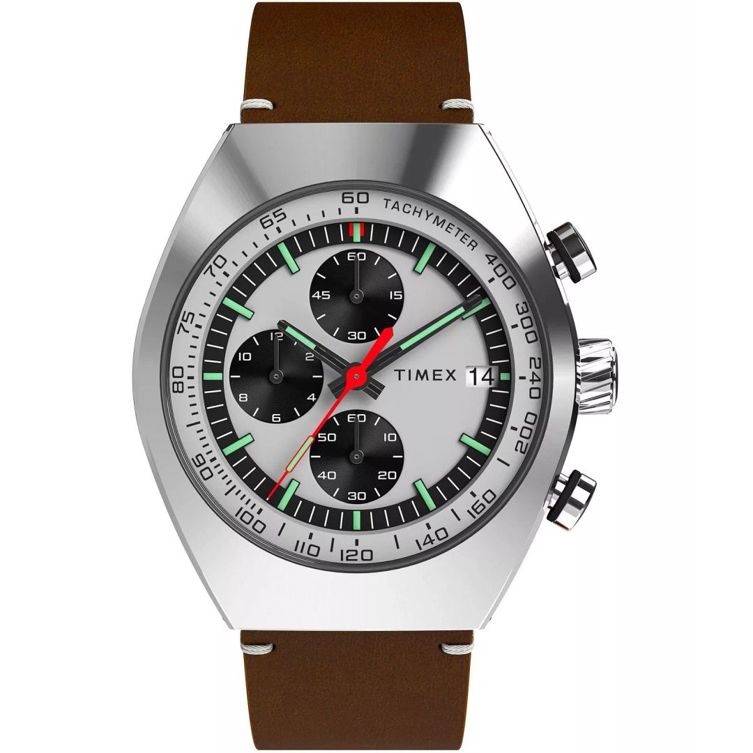 Zegarek męski Timex z masywną, stalową tarczą na skórzanym, brązowym pasku