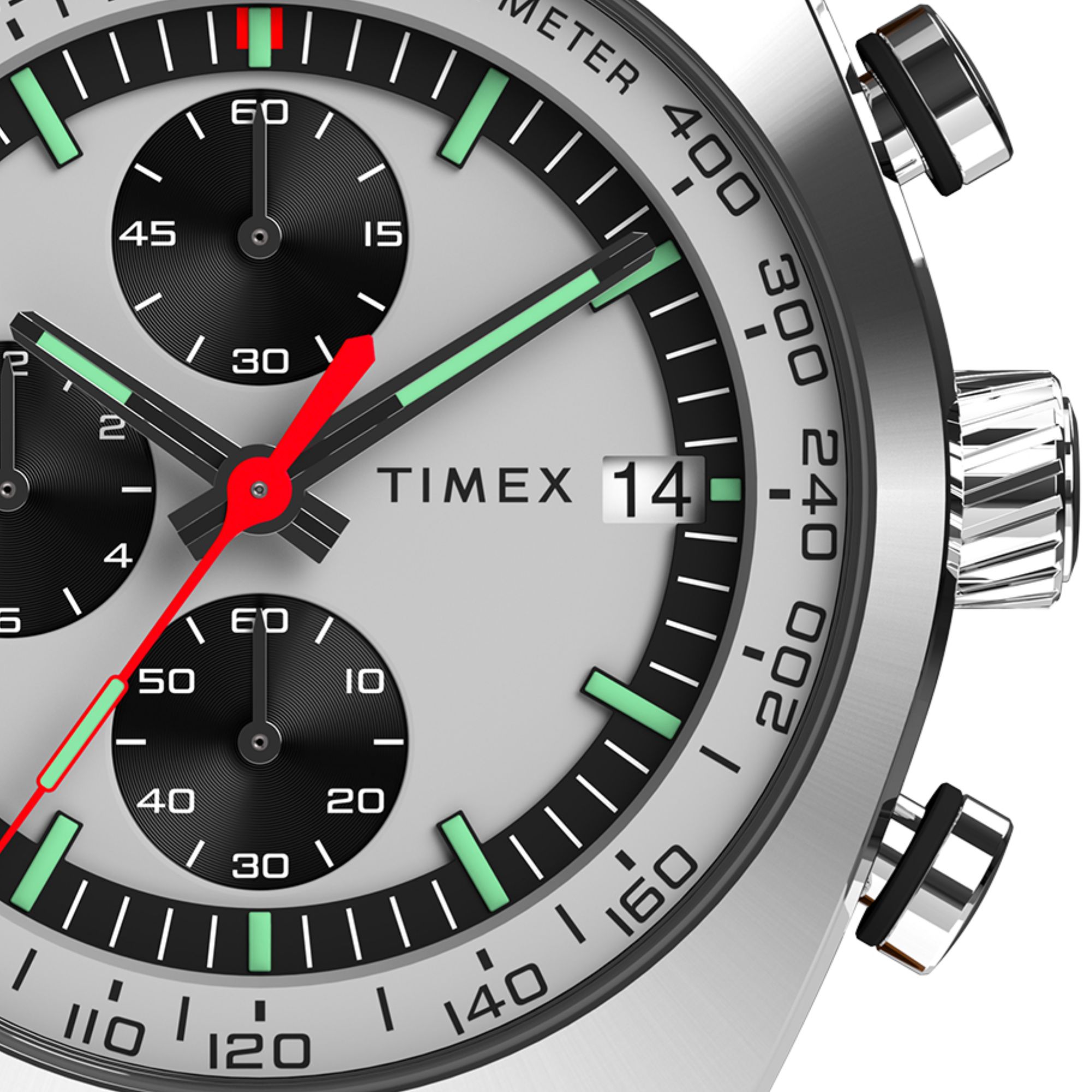 Zegarek męski Timex z czarnymi subtarczami chronografu, datownikiem i czerwoną wskazówką sekundnika