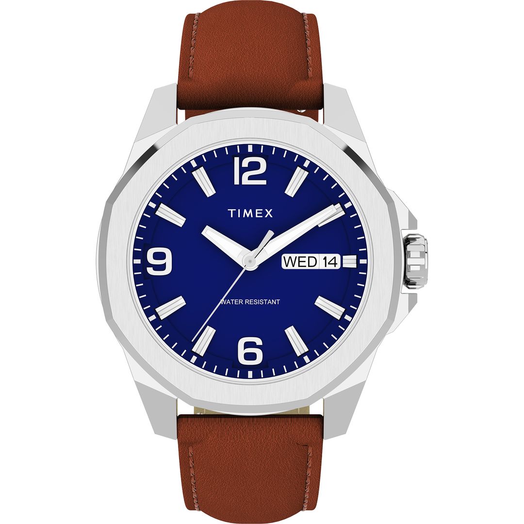 Zegarek męski Timex z granatową tarczą w srebrnej kopercie na brązowym pasku