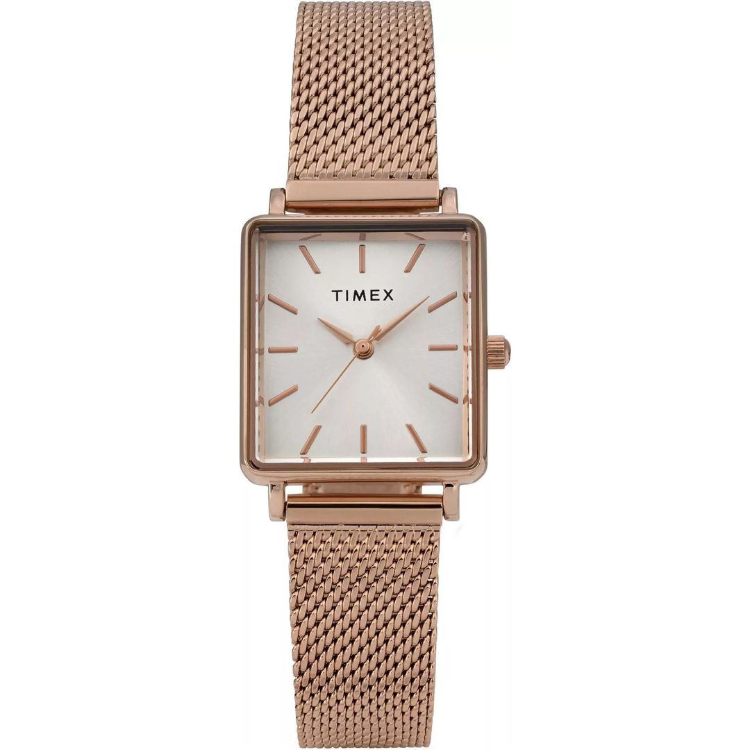 Zegarek damski Timex z kwadratową kopertą oraz bransoletką typu mesh z zapięciem G-link